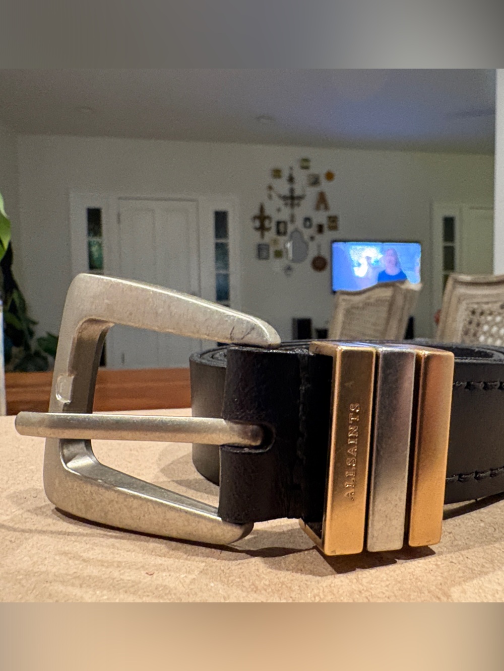 NWOT All Saints Black Leather Belt with Two-Tone Metal Details